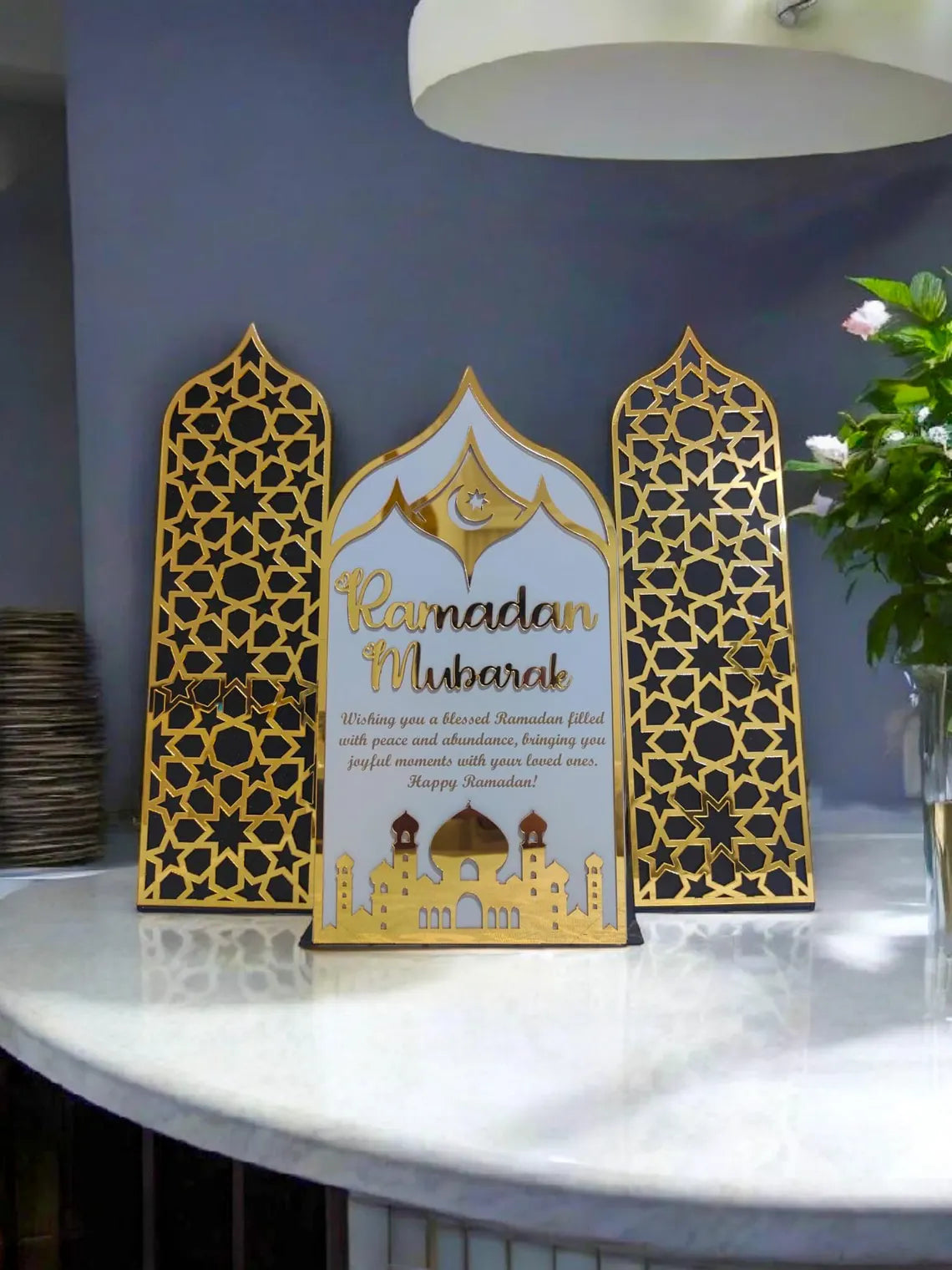 Metal Ramadan Mubarak Candle Holder – Islamic Home Decor, Eid Gift Ramadan Mubarak Metal Art – Elegant Eid Gift, Spiritual Decor Eid Gift
